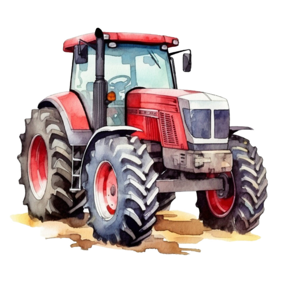 red tractor, watercolor style, farm equipment, agricultural vehicle, red and white colors, gray tires, glass cab, rural theme, farming machinery, painted illustration, fabric panel, quilting cotton, children's fabric, transportation theme, soft watercolors, pastoral scene, country living, mechanical design, vehicle art, farm life