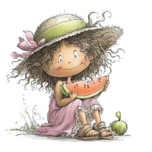 whimsical, children's illustration, curly hair girl, watermelon, summer, garden, nature, pastoral, storybook, vintage children's, dusty rose, sage green, cream, tan brown, cute character, playful, illustration style, children's book, picnic, fruit, girl character, sweet, innocent, charming, soft colors, pastoral scene, children's fabric, character panel, summer theme, garden scene