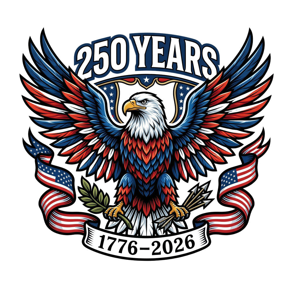patriotic, eagle, american flag, red white blue, navy blue, gold yellow, bald eagle, 250 years, 1776-2026, bicentennial, stars and stripes, americana, liberty, independence, national pride, commemorative, historical, vintage americana, traditional, bold, majestic birds, wings, shield emblem, banner ribbon, festive, patriotic pride, american heritage, red stripes, star pattern, wall hanging