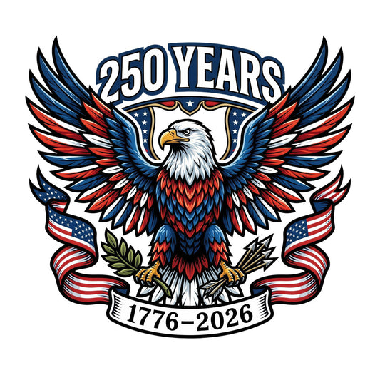 patriotic, eagle, american flag, red white blue, navy blue, gold yellow, bald eagle, 250 years, 1776-2026, bicentennial, stars and stripes, americana, liberty, independence, national pride, commemorative, historical, vintage americana, traditional, bold, majestic birds, wings, shield emblem, banner ribbon, festive, patriotic pride, american heritage, red stripes, star pattern, wall hanging