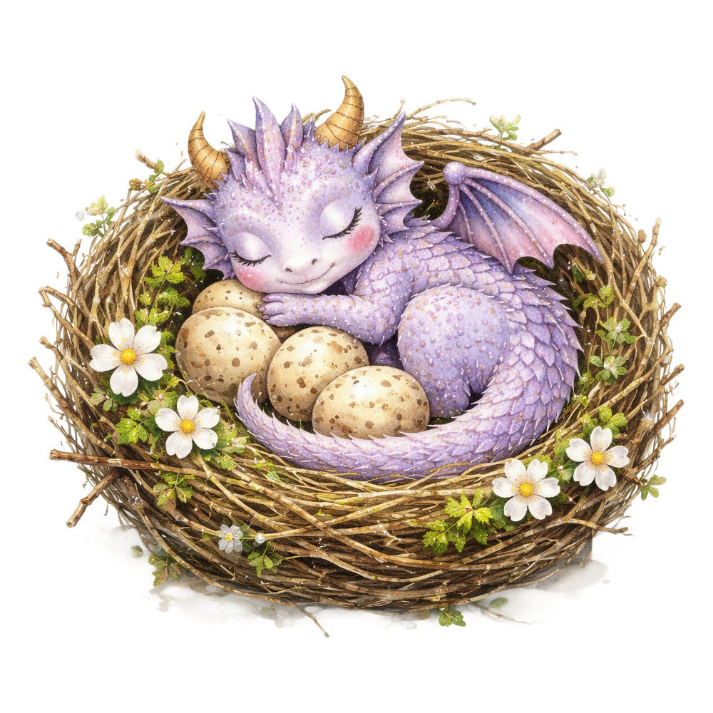 lavender, purple, pale pink, soft pink, cream, tan, brown, gold, white, yellow, dragon, fantasy, whimsical, magical, sleeping dragon, nest, eggs, nature, spring, baby, nursery, children's, cute, sweet, enchanted, storybook, illustration, cottage core, woodland, floral