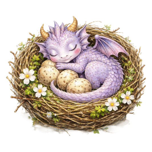 lavender, purple, pale pink, soft pink, cream, tan, brown, gold, white, yellow, dragon, fantasy, whimsical, magical, sleeping dragon, nest, eggs, nature, spring, baby, nursery, children's, cute, sweet, enchanted, storybook, illustration, cottage core, woodland, floral