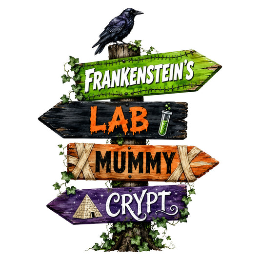 frankenstein's lab, mummy, crypt, halloween, spooky, black crow, raven, directional sign, green arrow, orange text, black text, purple, forest green, burnt orange, black, white, horror, gothic, vintage horror, monster, supernatural, graveyard, haunted, creepy, whimsical, rustic, autumn, fall, themed panel, wall hanging