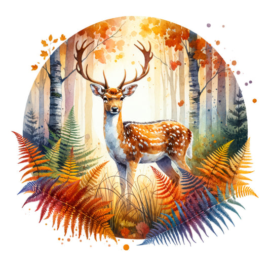 autumn deer, fall forest, woodland animal, majestic stag, antler, birch tree, fern leaves, golden yellow, burnt orange, rust red, cream, forest green, teal blue, purple accent, watercolor style, nature themed, whimsical forest, rustic woodland, elegant animal, seasonal fall, autumn leaves, wall hanging, home decor, wildlife art, boho nature, earth tones, transitional style