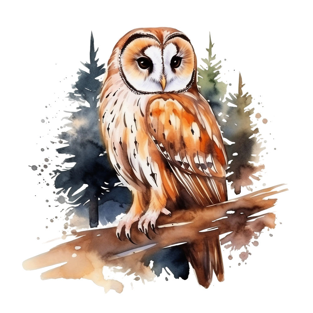 watercolor owl, fabric panel, barn owl, orange feathers, brown tones, cream colors, forest background, evergreen trees, nature scene, wildlife art, bird illustration, watercolor painting, quilting fabric, craft panel, woodland theme, earth tones, realistic owl, perched bird, artistic splashes, natural habitat