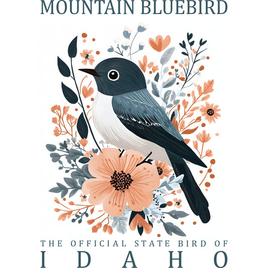 mountain bluebird, idaho state bird, coral pink flowers, teal blue, navy blue, sage green, botanical illustration, floral arrangement, bird panel, quilting fabric, cotton panel, nature theme, wildflowers, folk art style, whimsical design, decorative branches, peach blossoms, dusty blue, cream white, fabric crafting