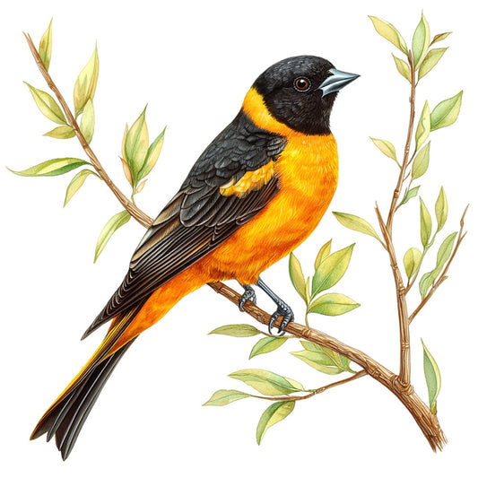baltimore oriole, bird illustration, orange plumage, black feathers, botanical branches, green leaves, nature motif, wildlife art, songbird design, fabric panel, quilting cotton, spring theme, ornithology print, detailed illustration, vibrant orange, charcoal black, sage green, brown branches, perched bird, naturalist style