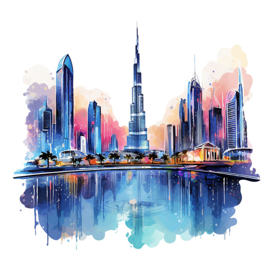dubai skyline, cityscape, burj khalifa, skyscrapers, watercolor style, fabric panel, blue tones, coral pink, orange sunset, purple clouds, water reflection, palm trees, modern architecture, artistic illustration, cotton panel, quilting fabric, urban scene, middle eastern city, vibrant colors, contemporary art