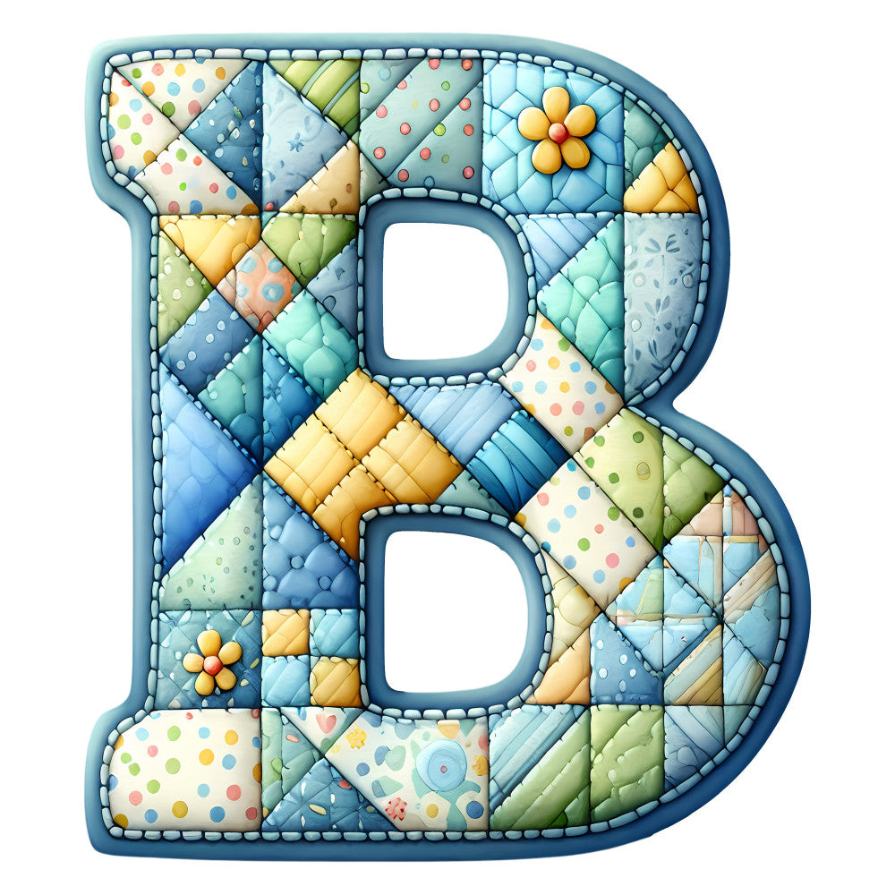letter b, patchwork, quilted, pastel blue, soft yellow, sage green, pale pink, sky blue, geometric, diamond pattern, polka dots, striped, whimsical, nursery, baby quilt, children's, playful, soft colors, cottage style, traditional, cheerful, colorful patches, mixed prints, decorative letter, alphabet, charming, sweet, gentle