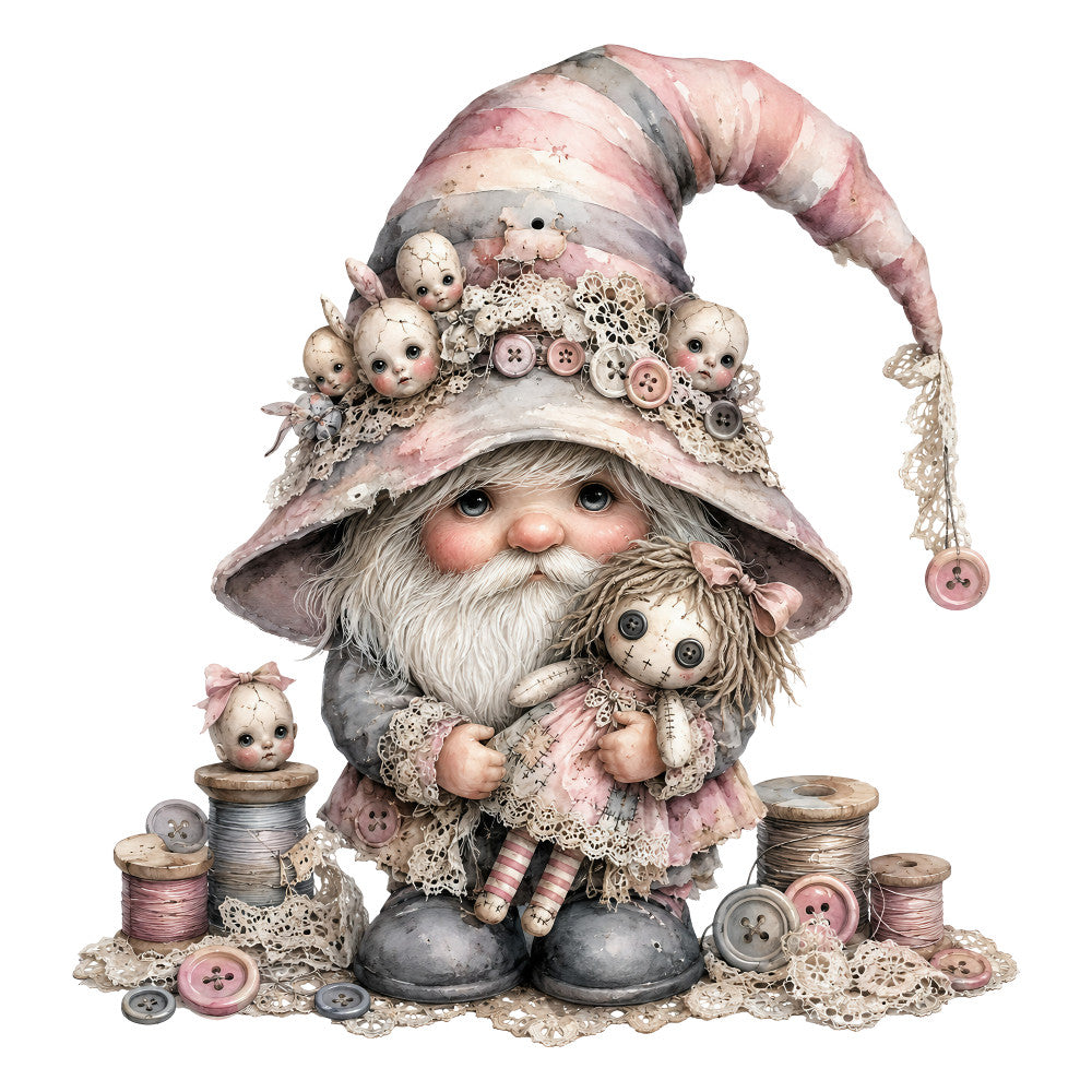 dusty rose, soft pink, gray, cream, vintage, whimsical, gnome, doll, lace, buttons, thread spools, stitched, embellished, fairy tale, storybook, cottage core, steampunk, mixed media, embroidery, decorative, novelty, character, fantasy, handmade aesthetic, pastel, romantic, detailed, intricate, crafting, sewing themed