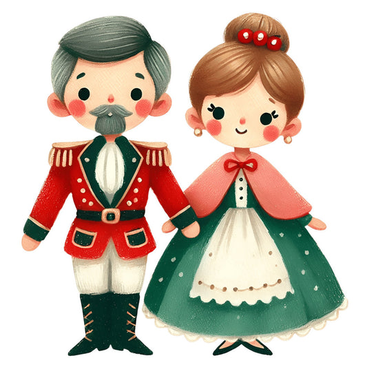 christmas, holiday, vintage, whimsical, nutcracker, couple, festive, forest green, red, coral pink, cream, brown hair, military jacket, dress, elegant, traditional, retro, nostalgic, decorative, children's, cute, cheerful, winter, seasonal, wall hanging, quilt panel, sweet, charming