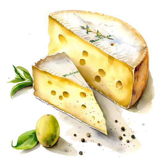 cheese, food, gourmet, culinary, cream, pale yellow, golden yellow, white, cheese wedge, holes, swiss cheese, herbs, rosemary, peppercorns, food illustration, realistic, elegant, sophisticated, gourmet kitchen, farmhouse, rustic, food themed, culinary arts, kitchen décor, food lover gift, novelty, artisan cheese, fine dining, specialty foods, european cuisine