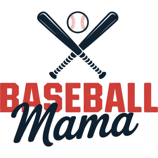 baseball mama, sports themed, navy blue, red, white, crossed bats, baseball, ball, script lettering, sports fan, casual style, modern style, mom themed, athletic, team spirit, game day, americana, casual wear, fan gear, summer sports, baseball lover, parent apparel, typography, bold text, patriotic colors, sports motif, leisure wear, family themed, hobby interest, fan favorite