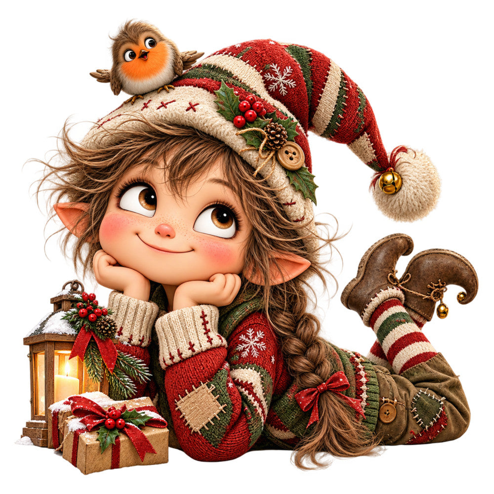 christmas, holiday, elf, whimsical, festive, red, green, cream, beige, tan, gold, brown, rust, striped, plaid, cozy, vintage, cute, children, magical, winter, seasonal, lantern, owl, gifts, presents, decorative, traditional, nostalgic, woodland