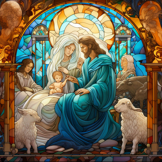 nativity scene, stained glass, fabric panel, holy family, baby jesus, mary, joseph, shepherds, sheep, lambs, biblical scene, religious imagery, blue robes, white veil, golden halo, amber glass, turquoise accents, cathedral windows, christmas theme, cotton panel, quilting fabric