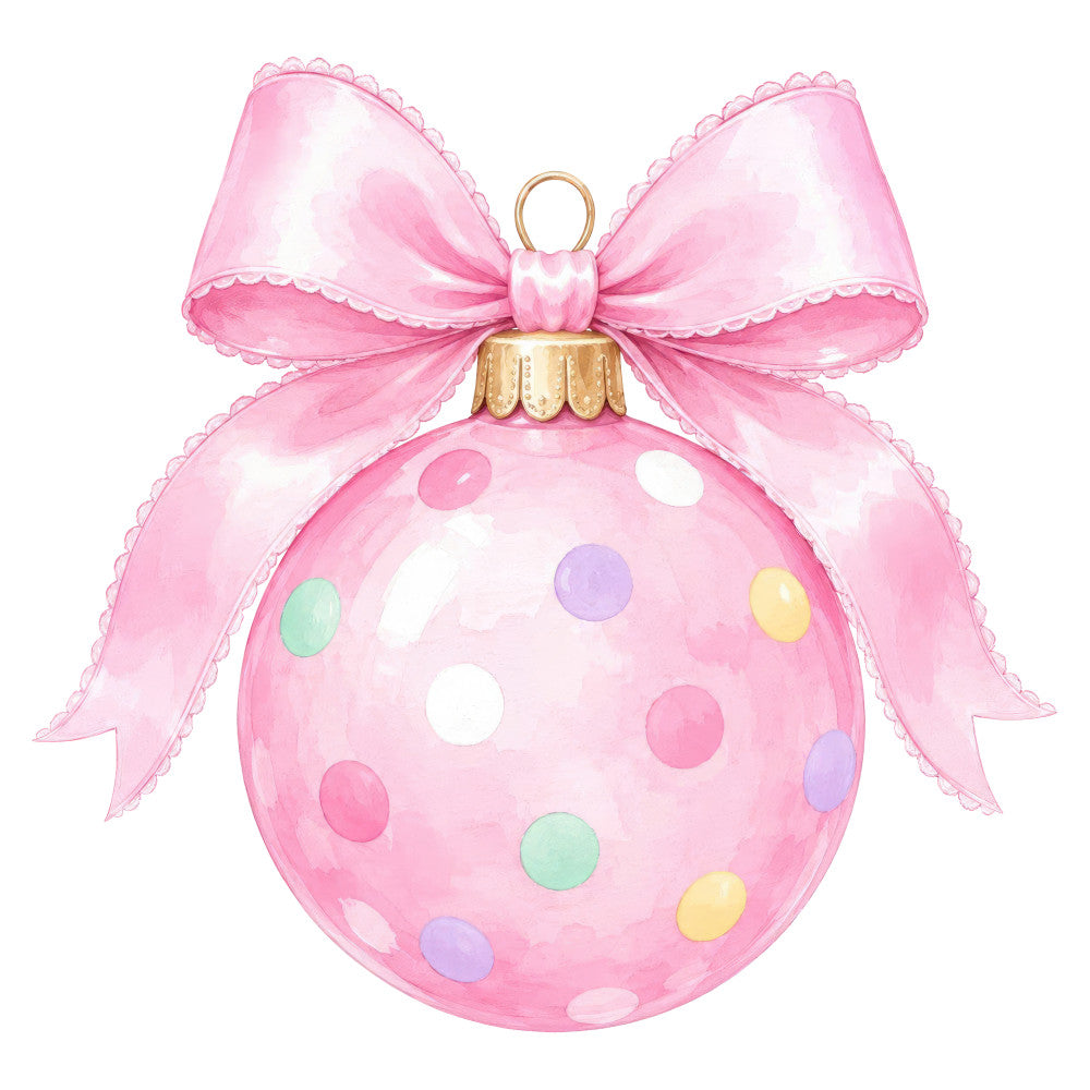 pink ornament, polka dot, bow, christmas, holiday, pastel colors, mint green, lavender purple, soft yellow, white dots, rose pink, whimsical, festive, elegant, ornament with bow, decorative, victorian style, feminine, gift theme, baubles, seasonal, winter holiday, cheerful, colorful dots, metallic gold, vintage inspired, delicate, pretty, ornament design