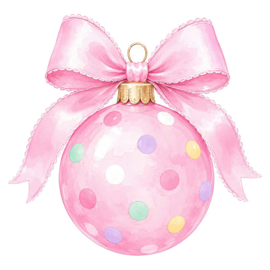 pink ornament, polka dot, bow, christmas, holiday, pastel colors, mint green, lavender purple, soft yellow, white dots, rose pink, whimsical, festive, elegant, ornament with bow, decorative, victorian style, feminine, gift theme, baubles, seasonal, winter holiday, cheerful, colorful dots, metallic gold, vintage inspired, delicate, pretty, ornament design