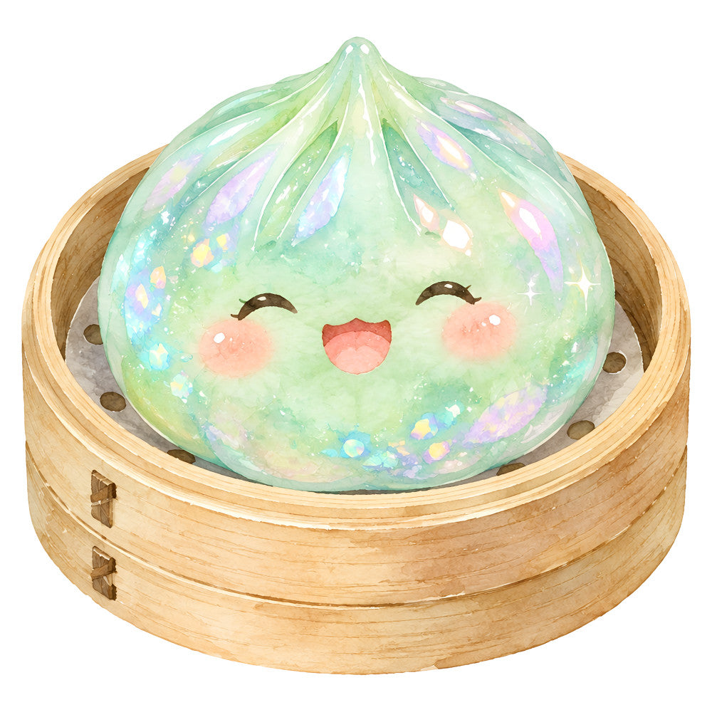 pastel green, mint green, iridescent, kawaii, cute character, dumpling, steamed bun, asian inspired, whimsical, playful, sparkly, glitter effect, rainbow shimmer, soft pastels, peach blush, rosy cheeks, happy face, smiling character, holographic, magical, dreamy, spring, baby, children's, cheerful, adorable, novelty, food themed, whimsical creatures