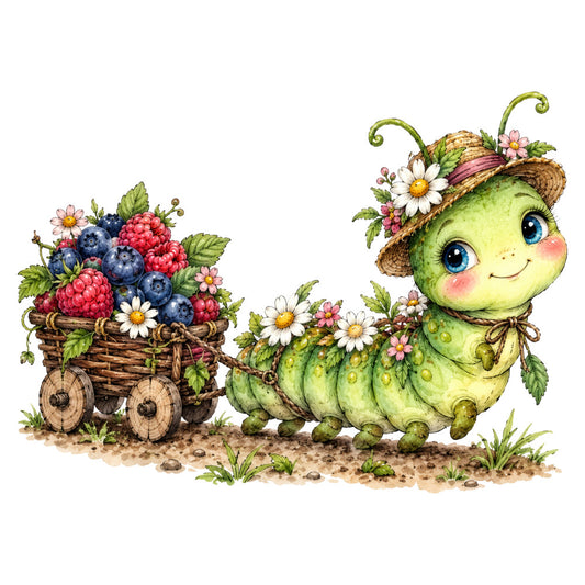 lime green, white, coral pink, navy blue, raspberry red, golden yellow, sage green, whimsical, caterpillar, berries, daisies, flowers, nature, spring, summer, garden, woodland, cute, charming, storybook, children, baby, illustrated, fantasy, playful, rustic, pastoral, fruit basket, hat with flowers, vintage whimsy