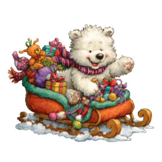 white bear, polar bear, christmas, holiday, festive, santa sleigh, gifts, presents, colorful, vibrant, red, orange, purple, green, yellow, pink, whimsical, playful, cute, children, kids, winter, snow, cheerful, joy, magical, festive scarf, stuffed animals, traditional christmas, nostalgic