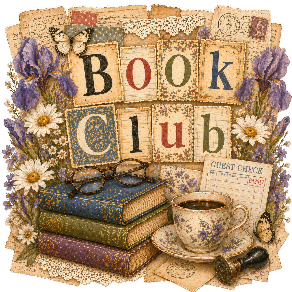 vintage book club, cream, tan, beige, purple iris, white daisy, black butterfly, forest green, rust red, floral, botanical, books, teacup, reading, literary, vintage ephemera, postage stamps, lace trim, eyeglasses, victorian, elegant, whimsical, nostalgic, cottage core, classic literature, antique, steampunk, retro, multi-motif, decorative