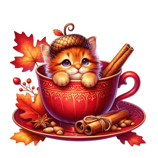 autumn, fall, cozy, cat, kitten, orange, red, burgundy, gold, purple, cinnamon sticks, spices, leaves, maple leaves, berries, star anise, almonds, teacup, whimsical, fantasy, magical, cute, adorable, seasonal, warm tones, harvest, thanksgiving, cozy vibes, animal lover, woodland