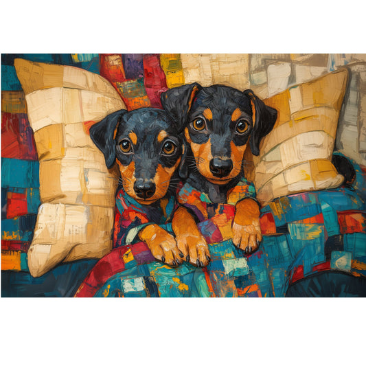 dogs, dachshunds, black and tan, orange, cream, teal, red, blue, colorful, patchwork, geometric, abstract, whimsical, modern, playful, home decor, wall art, pet lovers, animal themed, vibrant, multi-color, cozy, cheerful, contemporary, artistic, bold colors, pet portraits, puppy, cute animals