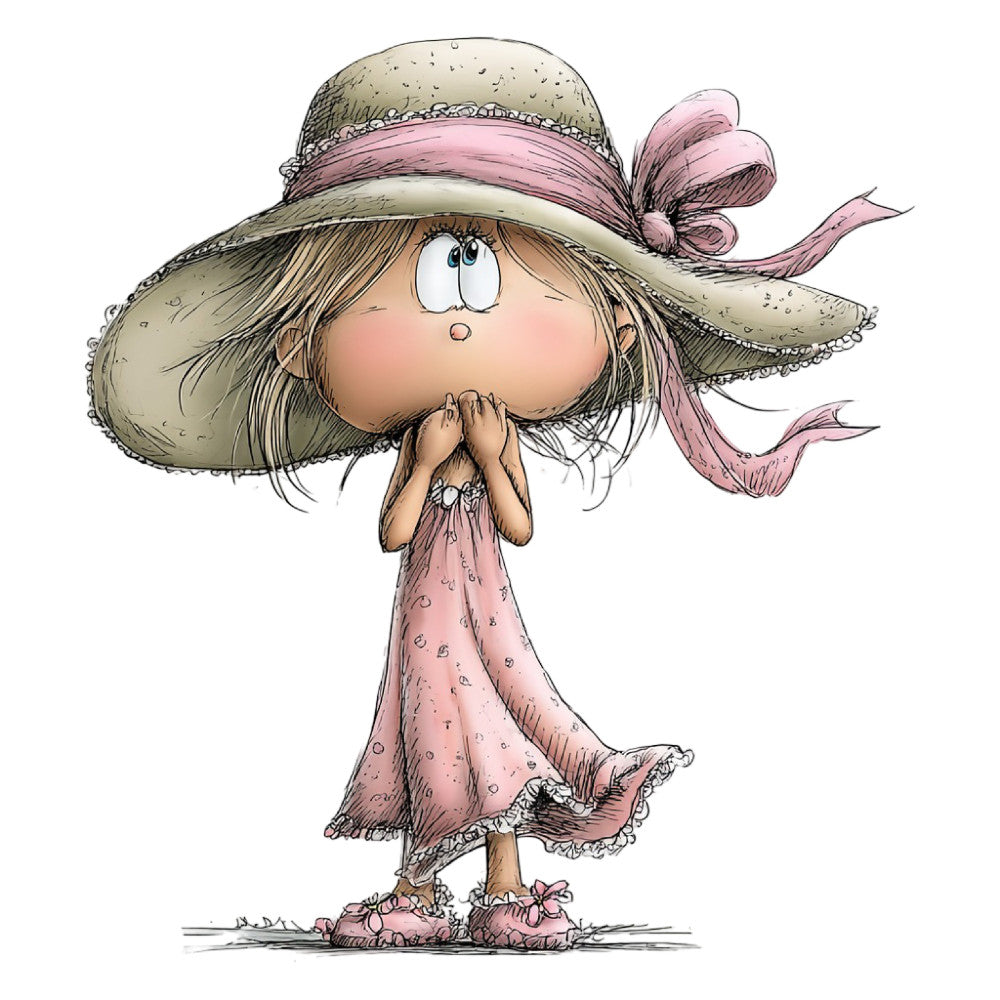 whimsical, girl character, straw hat, pink ribbon, mauve pink, cream, beige, tan, illustrated, children's, playful, vintage style, character panel, cute, fashion illustration, summer, spring, cottage core, country girl, daydreaming pose, nostalgic, pastoral, innocent, sweet, decorative panel, apparel inspired, storybook, charming, folk art style