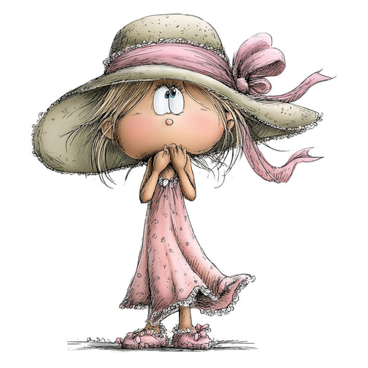 whimsical, girl character, straw hat, pink ribbon, mauve pink, cream, beige, tan, illustrated, children's, playful, vintage style, character panel, cute, fashion illustration, summer, spring, cottage core, country girl, daydreaming pose, nostalgic, pastoral, innocent, sweet, decorative panel, apparel inspired, storybook, charming, folk art style