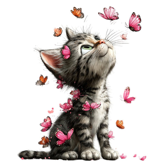 cat, kitten, butterflies, orange butterflies, pink butterflies, whimsical, playful, animals, nature, spring, summer, gray, grey, white, cream, coral pink, hot pink, magenta, charcoal, striped tail, green eyes, cute, sweet, whimsical art, illustrated, decorative, children's, woodland creatures, magical, fantastical