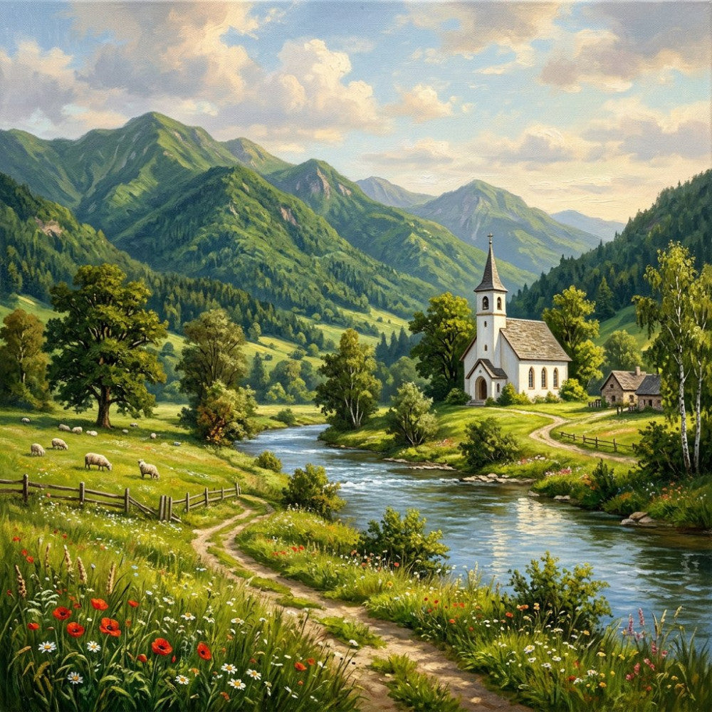 landscape, scenic, mountains, alpine, pastoral, countryside, rural, church, steeple, village, meadow, wildflowers, stream, river, sheep, grazing, fence, trees, forest, spring, summer, nature, traditional, peaceful, serene, idyllic, cottage core, sage green, cream, sky blue