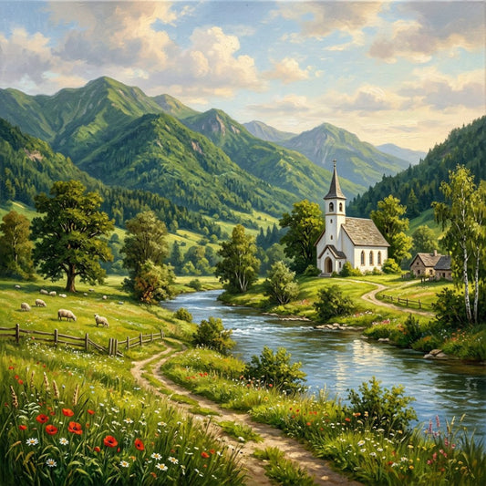 landscape, scenic, mountains, alpine, pastoral, countryside, rural, church, steeple, village, meadow, wildflowers, stream, river, sheep, grazing, fence, trees, forest, spring, summer, nature, traditional, peaceful, serene, idyllic, cottage core, sage green, cream, sky blue