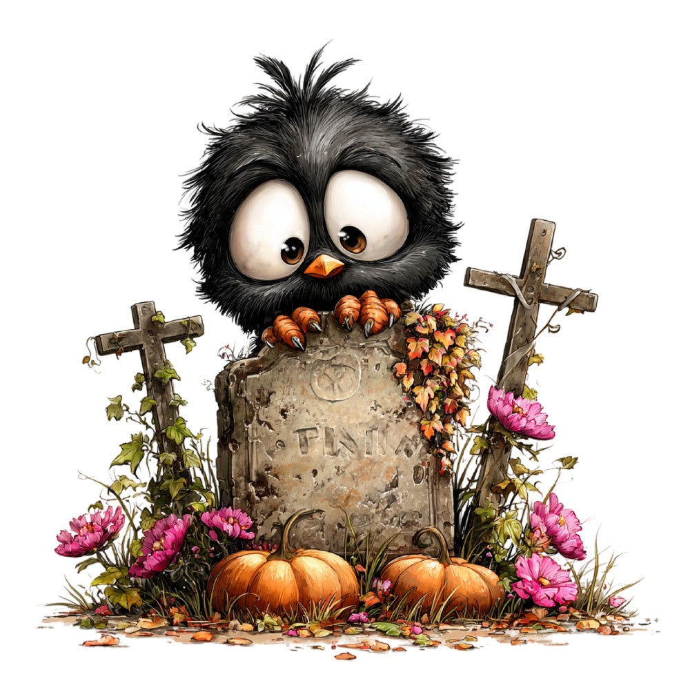 black bird, crow, fall, autumn, halloween, spooky, whimsical, cute, pumpkins, orange, pink flowers, peonies, crosses, gravestone, cemetery, gothic, rustic, nature, seasonal, vintage, folk art, illustrative, children's, playful, dark humor, bronze, tan stone, ivy, vines, wall hanging