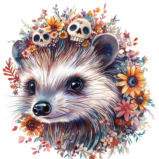 whimsical animal, woodland creature, raccoon, floral, wildflowers, sunflowers, skull motif, day of the dead, bohemian, boho, autumn colors, warm tones, orange, gold, burgundy, dusty rose, cream, navy blue, teal, watercolor style, nature inspired, celestial skull, flowers and fauna, artistic, decorative, wall hanging, fabric art, mixed media aesthetic, fall palette, rustic elegant