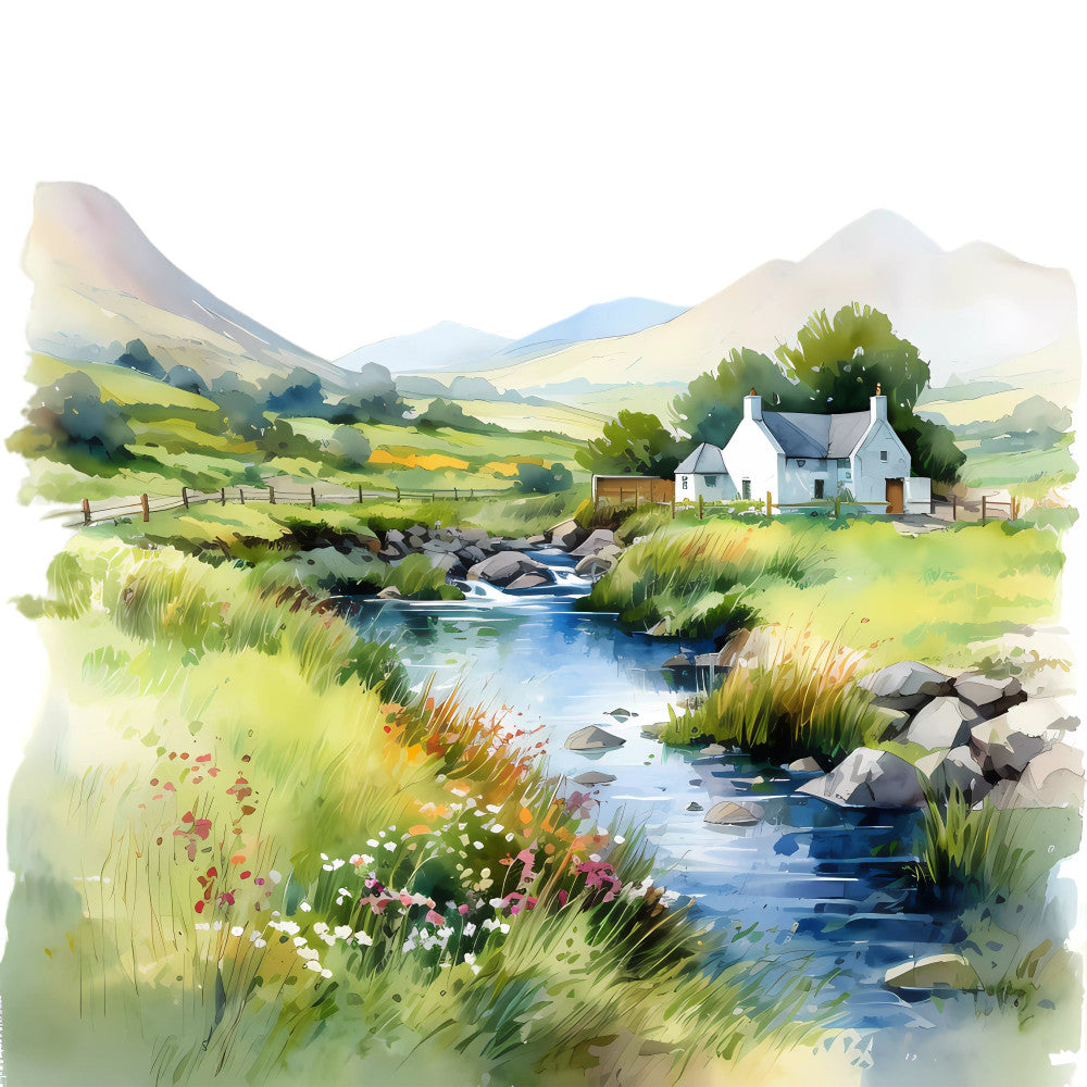 pastoral landscape, countryside scene, white cottage, stream, wildflowers, mountains, rolling hills, sage green, cream, soft blue, sky blue, white, golden yellow, spring, summer, nature, farmhouse, rural, scenic, traditional, peaceful, cottage core, flowers, water feature, stone cottage, fence, scenic landscape, whimsical, serene, bucolic