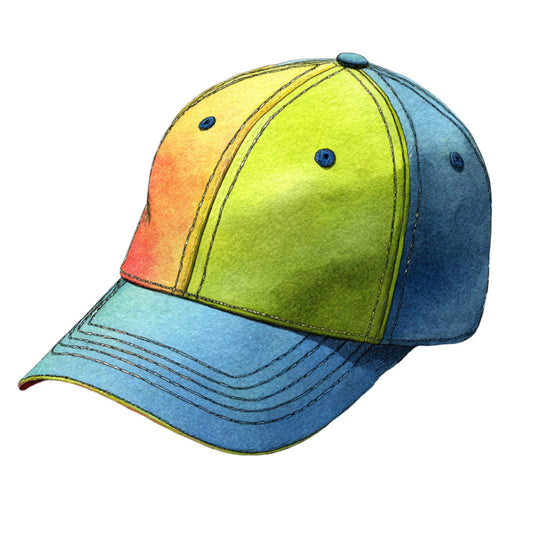 baseball cap, sports, colorful, yellow, lime green, cyan blue, navy blue, orange, coral, ombre, gradient, color blocking, striped, geometric, recreation, casual wear, children's clothing, playful, vibrant, bright, rainbow, multi-color, summer, apparel, accessories, whimsical, fun, youth-themed, athletic wear