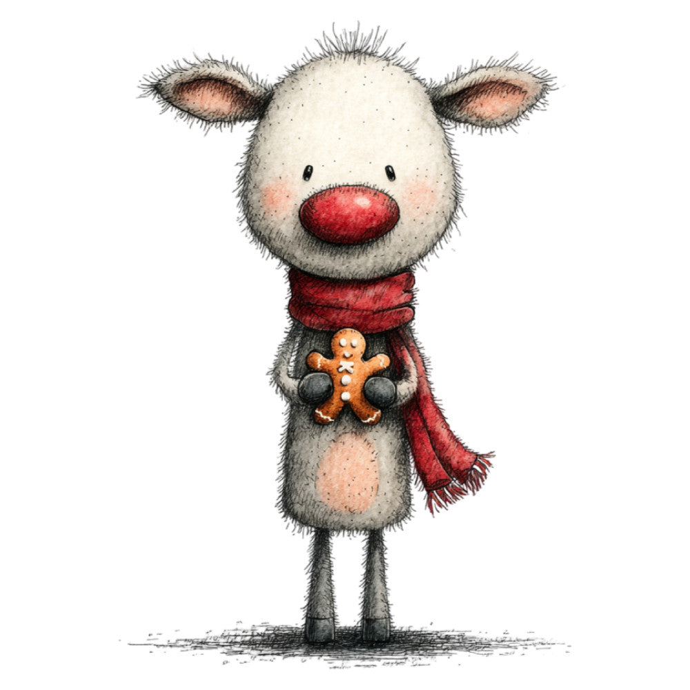 reindeer, christmas, holiday, red nose, gingerbread man, festive, whimsical, cute animals, winter, cream, red, ginger brown, charcoal gray, children's, nursery, seasonal, scarf, sweet, playful, vintage illustration, traditional christmas, joy, cheerful, baby quilt, wall hanging, holiday decoration, rustic charm, storybook, illustrated, nostalgic