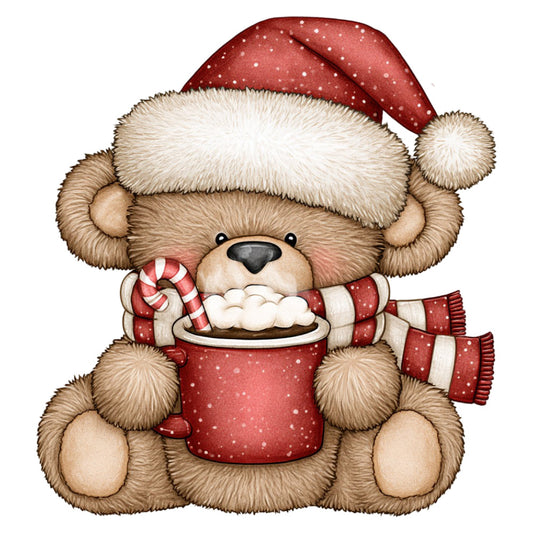 christmas, holiday, teddy bear, cute, whimsical, children, kids, baby, winter, red, cream, ivory, white, tan, brown, candy cane, hot chocolate, cocoa, festive, seasonal, nursery, adorable, illustration, character, seasonal decor, christmas bear, holiday animal, striped, polka dot, santa hat