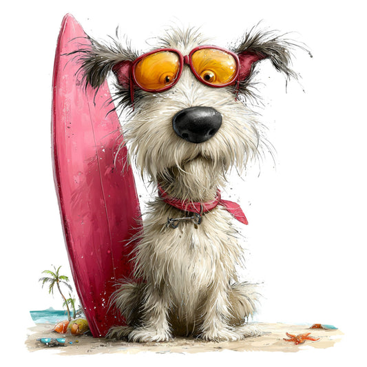 beach dog, pink surfboard, coral pink, golden yellow, cream white, charcoal gray, whimsical, surfing dog, terrier, cute animals, summer, coastal, nautical, tropical, ocean theme, sunglasses, beach vacation, quirky, playful, humor, funny animals, sandy beach, starfish, palm tree, retro, vintage style, children's, fun print, adventure theme
