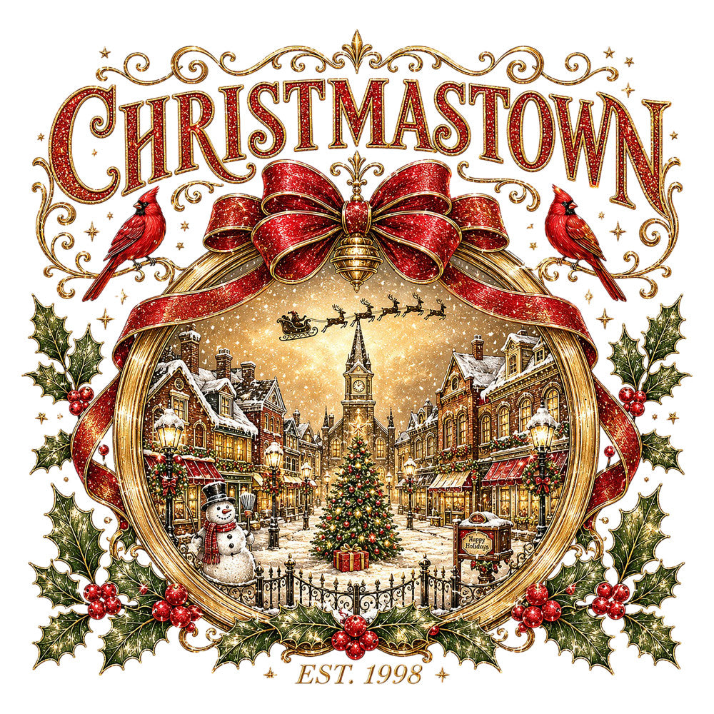 christmastown, red, gold, cream, forest green, holly, cardinals, birds, vintage, traditional, elegant, festive, holiday, christmas, winter, snow, village scene, townscape, snowman, reindeer, sleigh, santa, church steeple, buildings, street lamps, ornate, decorative, toile, scenic, nostalgia