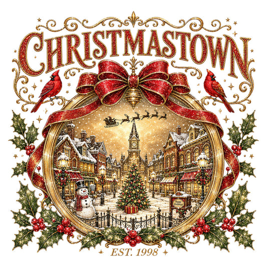 christmastown, red, gold, cream, forest green, holly, cardinals, birds, vintage, traditional, elegant, festive, holiday, christmas, winter, snow, village scene, townscape, snowman, reindeer, sleigh, santa, church steeple, buildings, street lamps, ornate, decorative, toile, scenic, nostalgia