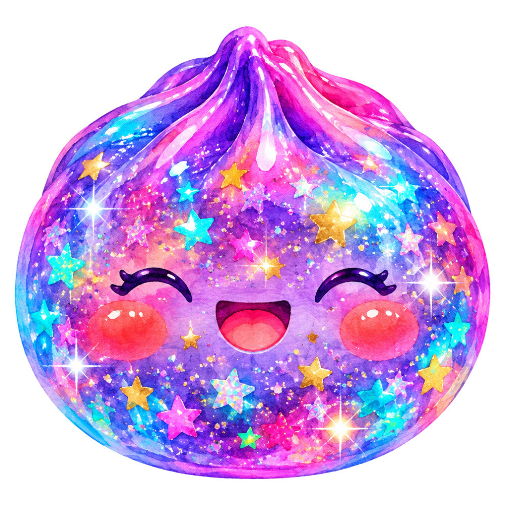 celestial, stars, galaxy, purple, magenta, hot pink, cyan blue, gold, rainbow, sparkle, glitter, shimmer, whimsical, magical, cute, character, kawaii, dreamy, fantasy, night sky, colorful, iridescent, holographic, children's, playful, fun, vibrant, bioluminescent, cosmic