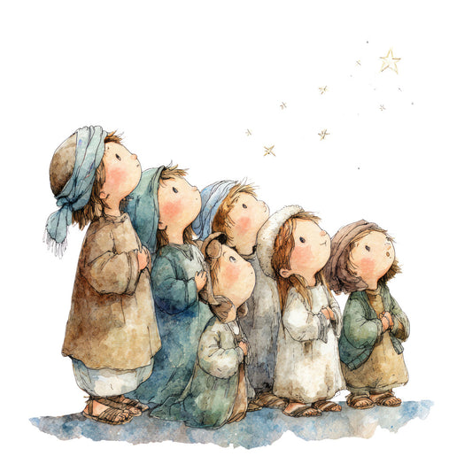 children, kids, whimsical, storybook, illustration, watercolor, stars, celestial, night sky, sage green, dusty blue, warm brown, tan, cream, soft colors, gentle, sweet, innocent, magical, dreamy, nursery, baby, bedtime, wonder, looking up, group of children, vintage illustration, soft watercolor style, peter rabbit style