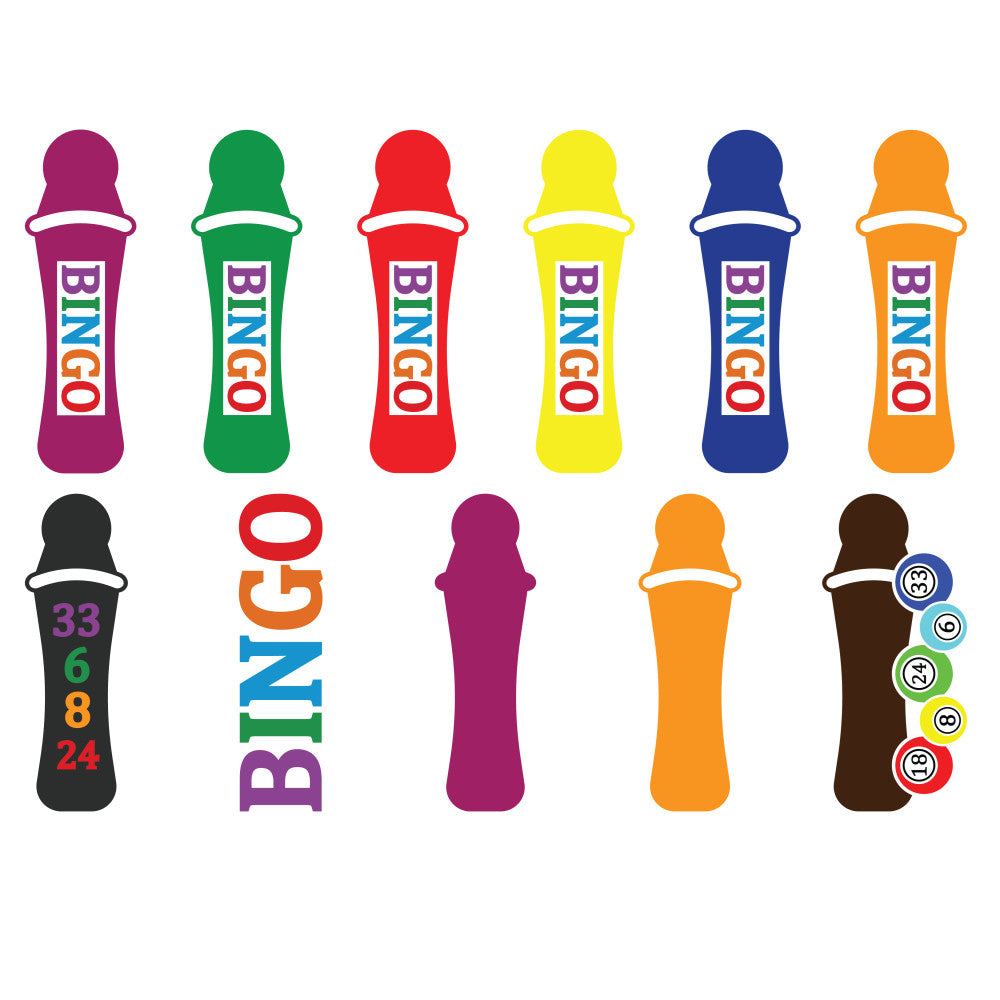 bingo markers, colorful dabbers, purple, green, red, yellow, blue, orange, black, brown, game pieces, bingo balls, numbered markers, fabric panel, quilting cotton, gaming theme, hobby design, recreational activities, bright colors, craft panel