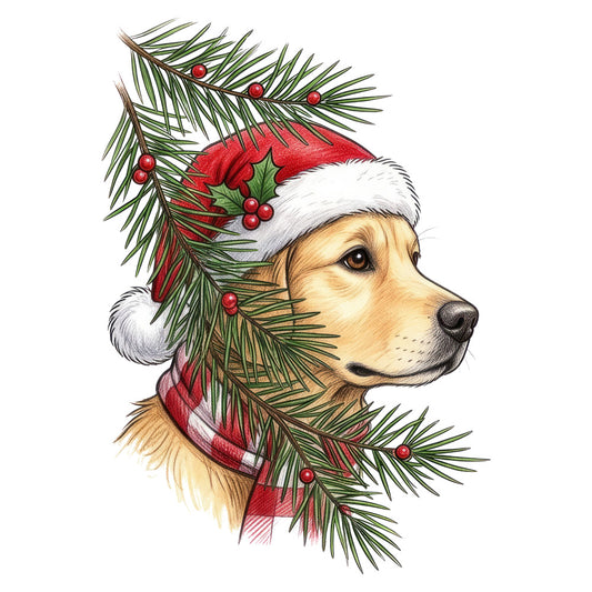 golden retriever, dog, christmas, holiday, santa hat, festive, evergreen branches, holly berries, red, cream white, forest green, plaid scarf, winter, nature, animals, pets, portrait, whimsical, traditional, seasonal, decorative, portrait panel, dog lover, pet themed, red and green, tartan, rustic, cheerful, family friendly
