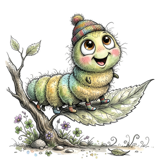 whimsical creature, adorable caterpillar, spring nature, pastel green, soft yellow, dusty pink, sage green, mint green, colorful stripes, woodland animals, playful illustration, children's design, baby quilt, nursery theme, garden insects, magical creatures, storybook style, cute character, nature inspired, fantasy animal, soft colors, cheerful design, kid friendly, nature lover, spring garden, decorative motif, charming illustration, young at heart