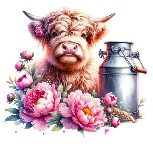highland cattle, pink peonies, floral, whimsical, farmhouse, rustic, cottage core, animal portrait, cream, dusty rose, hot pink, mauve, blush pink, gold accents, milk can, wildflowers, botanical, vintage, countryside, pastoral, spring, summer, decorative pillow, wall hanging, quilt panel, boho, folk art, nature themed, long horned cattle