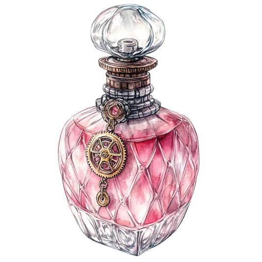 dusty rose, blush pink, clear glass, steampunk, perfume bottle, vintage, elegant, whimsical, gears, mechanical, industrial, decorative, luxury, fashion, beauty, accessories, ornamental, jeweled, art deco, girly, feminine, sophisticated, glamorous, retro, nostalgia, detailed illustration, fashion illustration