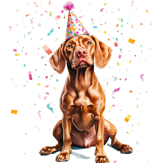 dog, puppy, party hat, celebration, confetti, colorful, multicolor, rainbow, brown dog, golden brown, tan, white, pink, yellow, blue, magenta, coral, whimsical, playful, fun, festive, birthday, animal theme, pet lover, cheerful, joyful, modern, cute, adorable, children's