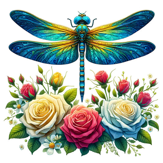 dragonfly, turquoise, gold, cream, coral pink, crimson red, blue, floral, nature, botanical, roses, insects, wings, elegant, whimsical, bohemian, artistic, decorative, spring, summer, garden, fantasy, ornate, detailed, vintage, romantic, delicate, yellow roses, blue roses, small flowers